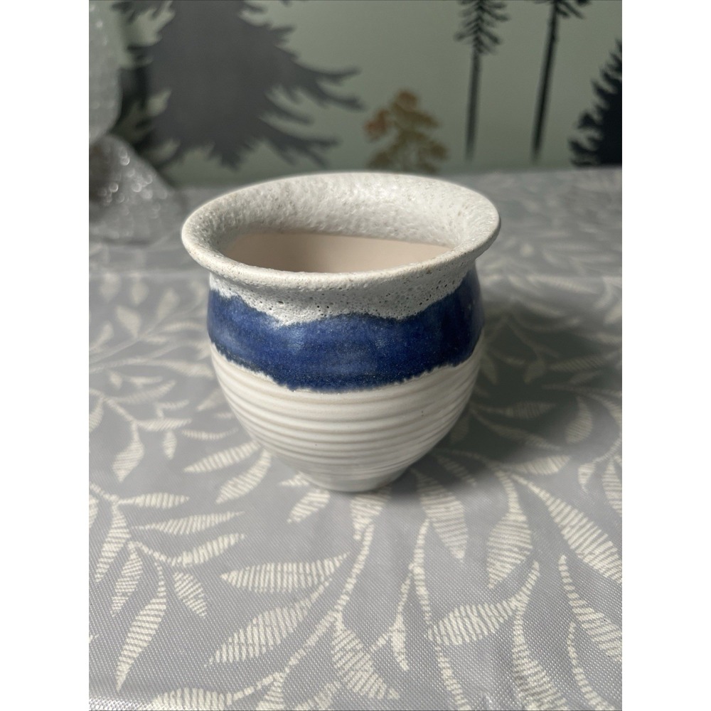 Studio Pottery Small Bowl Vase Trinket Dish Blue Cream unsigned handmade